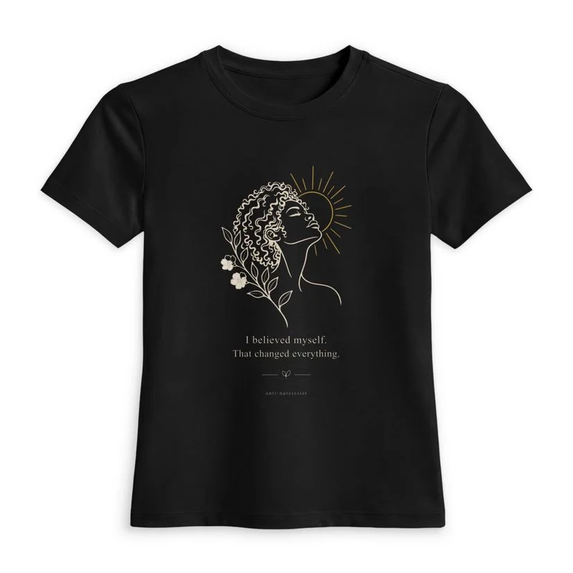 Black women’s fitted tee featuring the approved Black-woman I Believed Myself artwork.